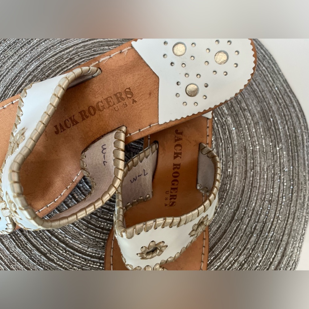 JACK ROGERS USA Sandals “Hamptons”Platinum (Retired) Mid-Wedge White w Gold Trim - Picture 2 of 14
